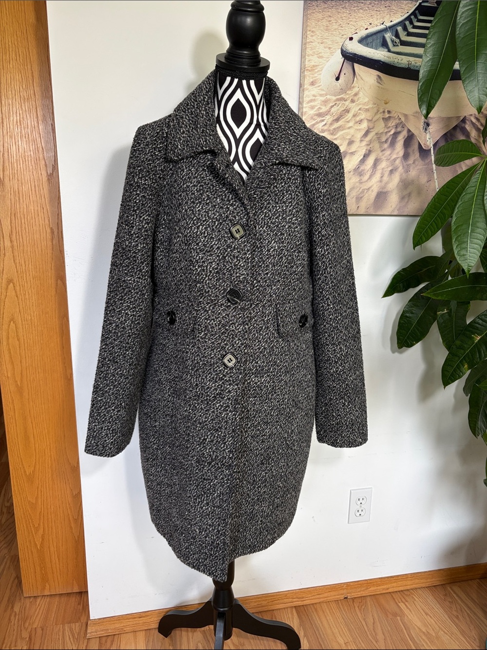 Molly Bracken Black & Gray Bouclé Single-Breasted Pea Coat gorgeous